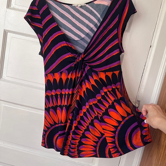 Vintage Y2K Nannette Lepore Babydoll Blouse L Stretch Gathered V-Neck Retro - Picture 9 of 16